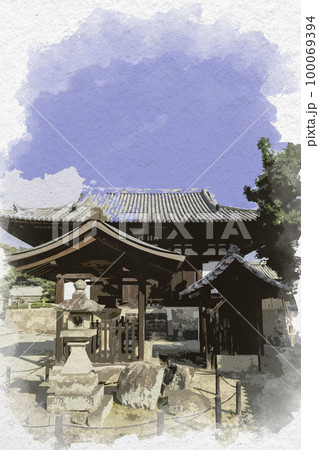水彩画風　當麻寺　石灯籠　奈良県葛城市 100069394