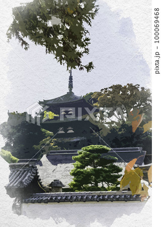 水彩画風　當麻寺　東塔　奈良県葛城市 100069468