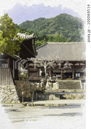 水彩画風　當麻寺　本堂（曼荼羅堂）　奈良県葛城市 100069514