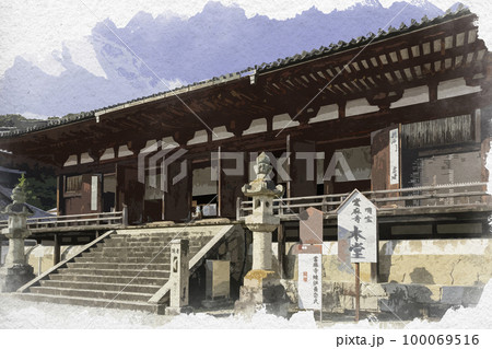 水彩画風　當麻寺　本堂（曼荼羅堂）　奈良県葛城市 100069516