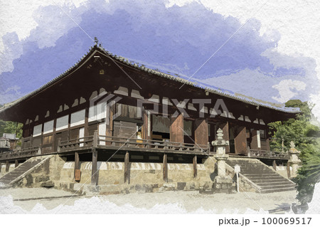 水彩画風　當麻寺　本堂（曼荼羅堂）　奈良県葛城市 100069517