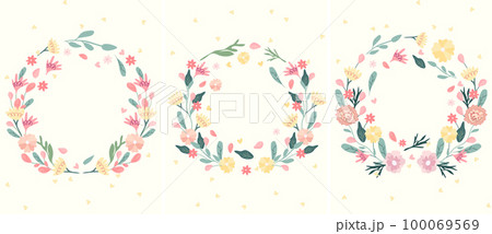 Bright cards with floral wreaths and space for text. Colorful flowers and hearts around. Minimalist compositions are ideal for invitations, postcards, banners, weddings. Vector illustration 100069569
