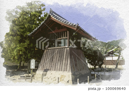 水彩画風　當麻寺　梵鐘　奈良県葛城市 100069640