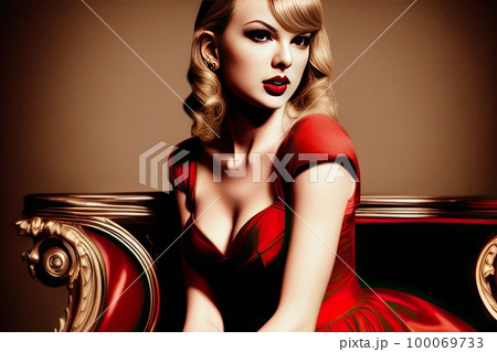 AI生成画像:ブロンドと赤リップのファッションセレブ 100069733