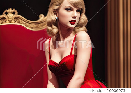 AI生成画像:ブロンドと赤リップのファッションセレブ 100069734