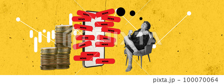 Online betting sports game. Man sitting near big phone screen and watching online sports broadcast. Virtual sports with betting person, live bet application service. Contemporary art collage, design 100070064