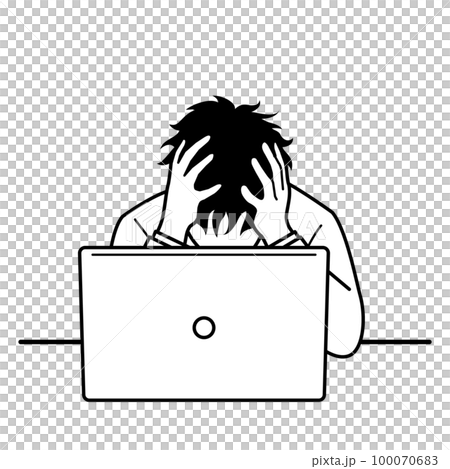 一個沮喪的人在電腦前抱著頭 100070683