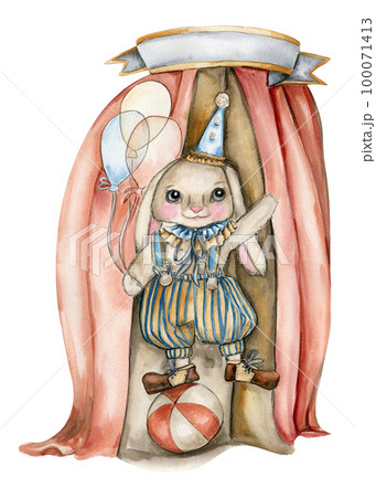Watercolor hand drawn circus bunny vintage style.Perfect for wedding, invitations, blogs, card templates, birthday and baby cards, patterns, quotes. isolater on white background. Cute circus animals . 100071413