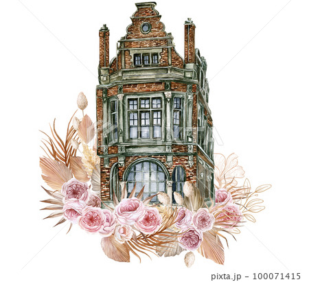Watercolor composition of an old wooden farm house and pink flower . Hand drawn illustration with watercolour on a white background. Perfect for wedding invitation, greetings card. 100071415