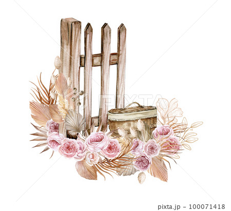 Watercolor composition of an old wooden fence and pink flower  . Hand-drawn illustration with watercolour on a white background. Perfect for wedding, invitations, blogs, card templates, birthday . 100071418