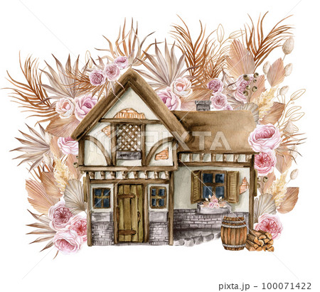 Watercolor composition of an old wooden farm house and pink flower . Hand drawn illustration with watercolour on a white background. Perfect for wedding invitation, greetings card. Watercolor composition of an old wooden farm house and pink flower . Hand drawn illustration with watercolour on a white background. Perfect for wedding invitation, greetings card. 100071422