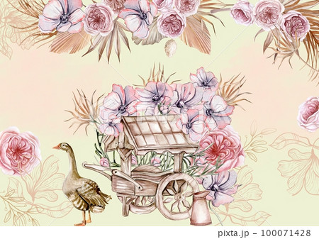 Watercolor composition of an old wooden cart and pink flower with goose . Hand-drawn illustration with watercolour on a white background.Perfect for wedding invitation, greetings card. Watercolor composition of an old wooden cart and pink flower with goose . Hand-drawn illustration with watercolour on a white background.Perfect for wedding invitation, greetings card. 100071428