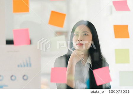 The concept of brainstorming is exemplified as a businesswoman shares ideas using Post-it notes, which she places on a glass wall. 100072031