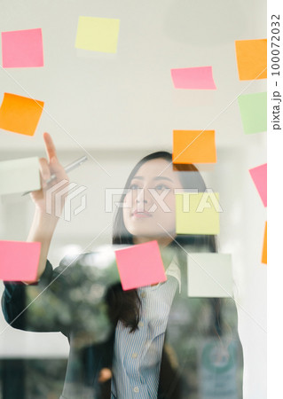 The concept of brainstorming is exemplified as a businesswoman shares ideas using Post-it notes, which she places on a glass wall. 100072032
