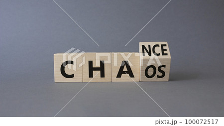 Chance vs Chaos symbol. Turned wooden cubes with words Chaos and Chance. Beautiful grey background. Psychology and Chance vs Chaos concept. Copy space 100072517
