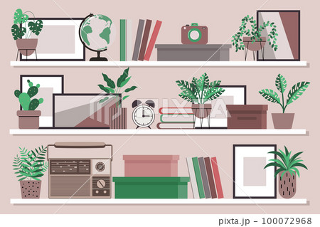 Interior Design. Shelves with books, radio, alarm clock, paintings and potted plants. The concept of home comfort. Illustration, vector 100072968