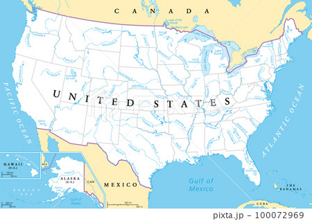 United States, rivers and lakes, political map. The main stems of the longest rivers, and the largest lakes of the United States of America, with the Great Lakes of North America. Illustration. Vector United States, rivers and lakes, political map. The main stems of the longest rivers, and the largest lakes of the United States of America, with the Great Lakes of North America. Illustration. Vector 100072969
