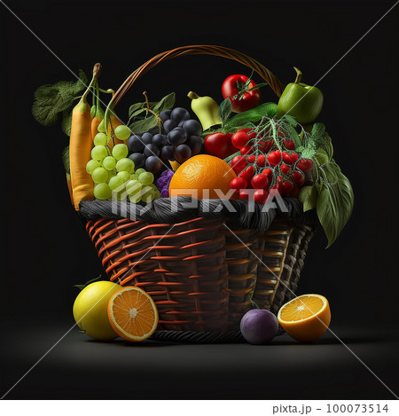 Basket with fresh appetizing bright colorful vegetables and fruits isolated on black background, natural bio products, for shop advertising banners, package design 100073514