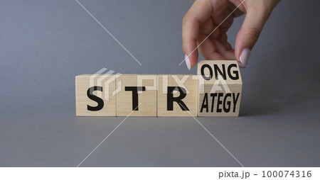 Strong Stress symbol. Businessman Hand turns cubes with words Strong Stress. Beautiful grey background. Business and Strong Stress concept. Copy space 100074316