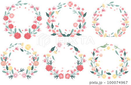 Bright floral wreaths on a white background. Blooming colored flowers as a symbol of happiness, joy, love. Spring wreaths are ideal for invitations, cards, banners, weddings. Vector illustration 100074967