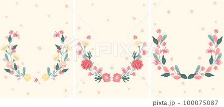 Bright floral wreaths on a pastel background. Blooming colored flowers as a symbol of happiness, joy, love. Spring wreaths are ideal for invitations, cards, banners, weddings. Vector illustration. 100075087