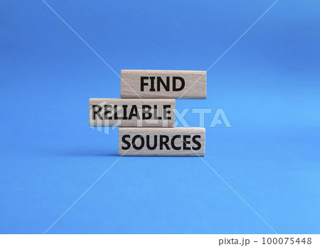 Find reliable sources symbol. Wooden blocks with words Find reliable sources. Beautiful blue background. Business and Find reliable sources concept. Copy space. 100075448