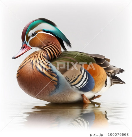 Mandarin duck Aix galericulata isolated on white close-up, very beautiful bright colorful bird 100076668