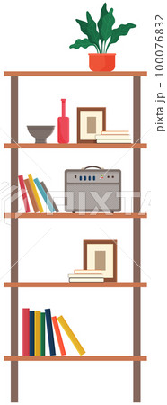 Books, potted grass, vase, mirror on shelves of ambry. Wooden cabinet or rack with decorations 100076832