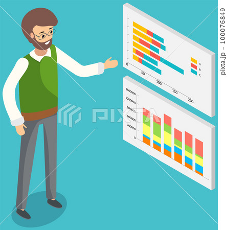 Employees analyze statistical indicators, business data. Characters work with marketing research 100076849