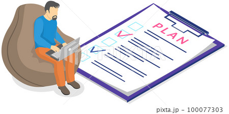 Man with clipboards is looking at to-do list paper. Employee is analysing his plan for week 100077303