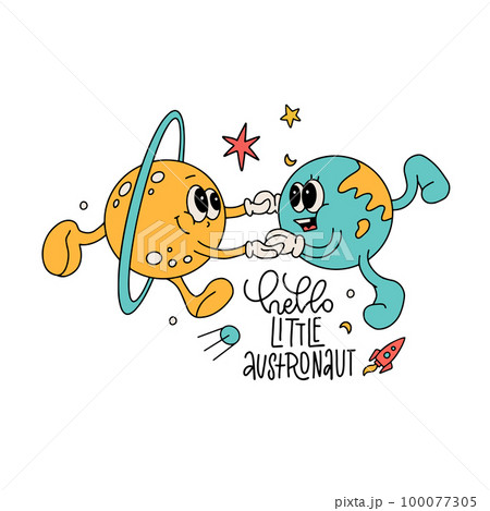 Hello little astronaut - 60s Vintage poster design template with holding hands happy Earth planet character with saturn mascot. Vector contour hand drawn illustration. 100077305