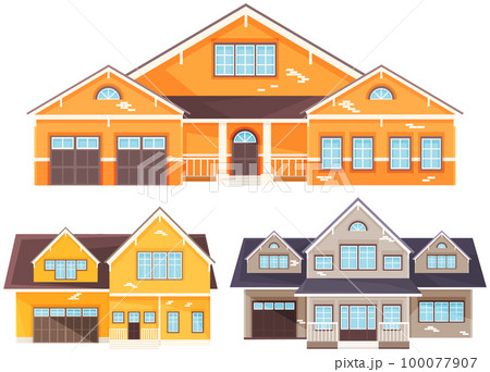 Large yellow residential building, house with garage. Architectural structure made of bricks 100077907