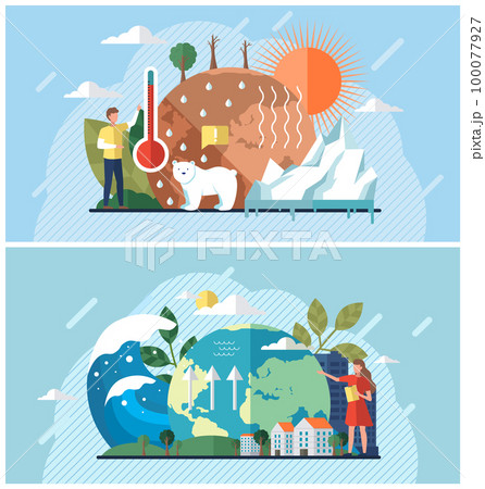 Set of illustrations about climate change, rising water level, global warming, ecological problems Set of illustrations about climate change, rising water level, global warming, ecological problems 100077927