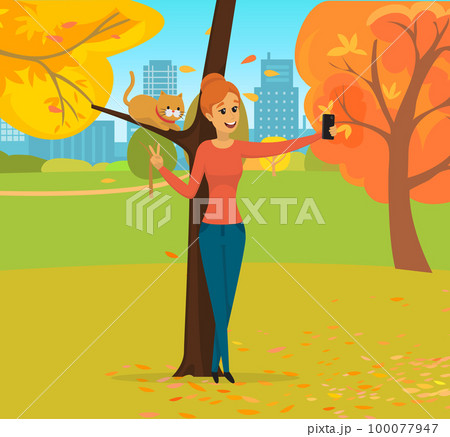 Girl walking outdoor and taking selfie on background of park. Woman is photographed on phone camera 100077947