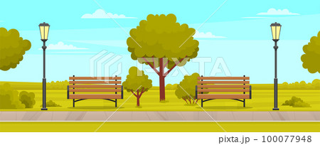 View of park with wooden benches, lamp posts and deciduous trees. Street with plants and road 100077948