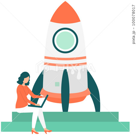 Female freelancer works with computer. Woman working on business startup, launch of rocket Female freelancer works with computer. Woman working on business startup, launch of rocket 100078017