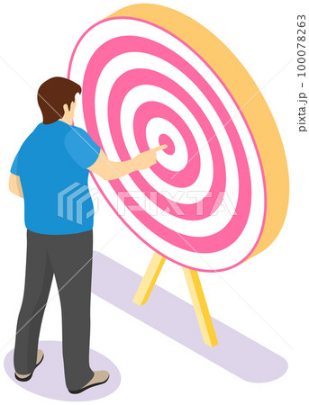 Concept of achieving goal or success. Man is standing near target points to center of circle Concept of achieving goal or success. Man is standing near target points to center of circle 100078263