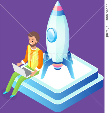 Male character is working on development of new business project, startup with rocket launch Male character is working on development of new business project, startup with rocket launch 100078277