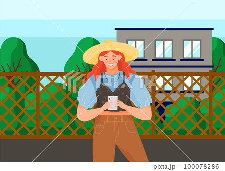 Female character using mobile device on nature. Young girl is chatting online via internet outdoors 100078286