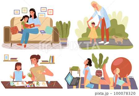 Set of illustrtion about time spent by children and parents. Holidays with mother everywhere Set of illustrtion about time spent by children and parents. Holidays with mother everywhere 100078320