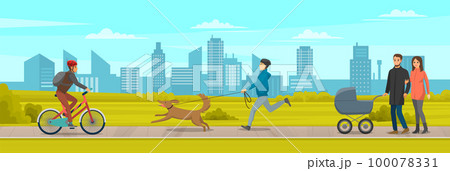 People walking in city park by footpath along green lawn, active lifestyle walks outdoors People walking in city park by footpath along green lawn, active lifestyle walks outdoors 100078331