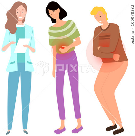 People with abdominal pain on consultation with doctor. Man and woman suffer from stomachache People with abdominal pain on consultation with doctor. Man and woman suffer from stomachache 100078332