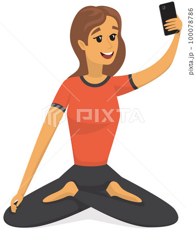 Yogi in lotus position is posing for selfie. Girl doing yoga and meditating during photo shoot 100078786