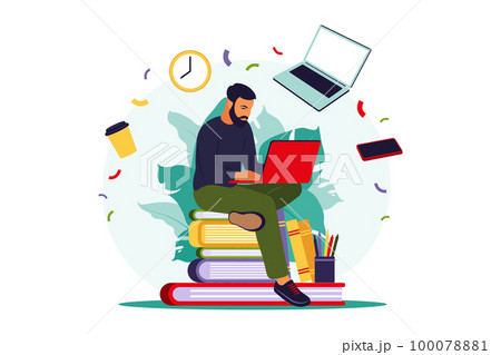 Student man with laptop studying on online course. Online education concept. Vector illustration. Flat. 100078881