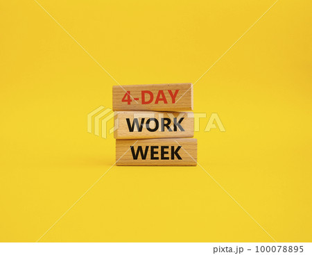 4-day work week symbol. Concept words 4-day work week on wooden blocks. Beautiful yellow background. Business and 4-day work week concept. Copy space 100078895