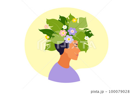 Mental health, happiness, harmony concept. Happy man head with flowers inside. Mindfulness, positive thinking, self care idea. Vector illustration. Flat. Mental health, happiness, harmony concept. Happy man head with flowers inside. Mindfulness, positive thinking, self care idea. Vector illustration. Flat. 100079028