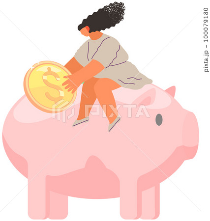Girl is sitting on pig shaped money storage container. Woman with coin in her hands on piggy bank 100079180