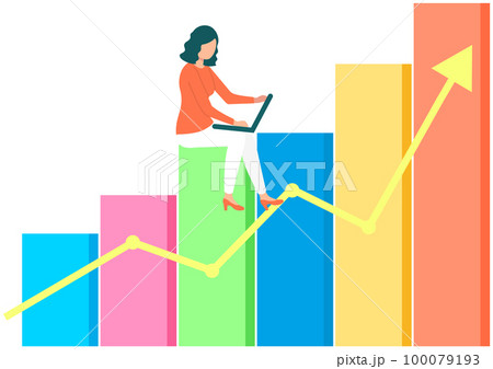 Female freelancer with laptop is performing task, calculating statistical data, analysing indicators 100079193