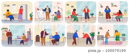 Business meeting or working process in head office scenes set. Project management and teamwork 100079199