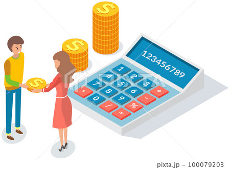 Girl with guy exchanges money, gives gold dolar coins. People counting budget on calculator 100079203